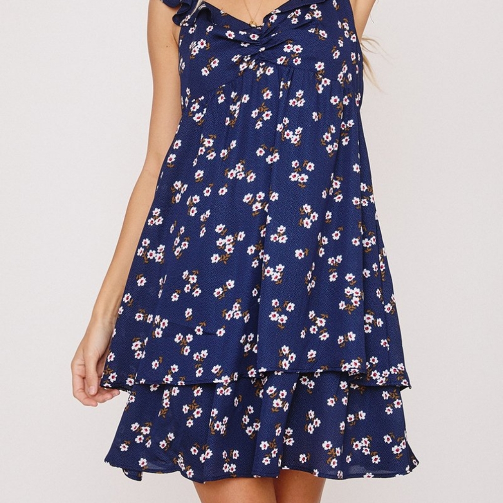 Ces Femme blue ruffle and flower dress. S,M,L